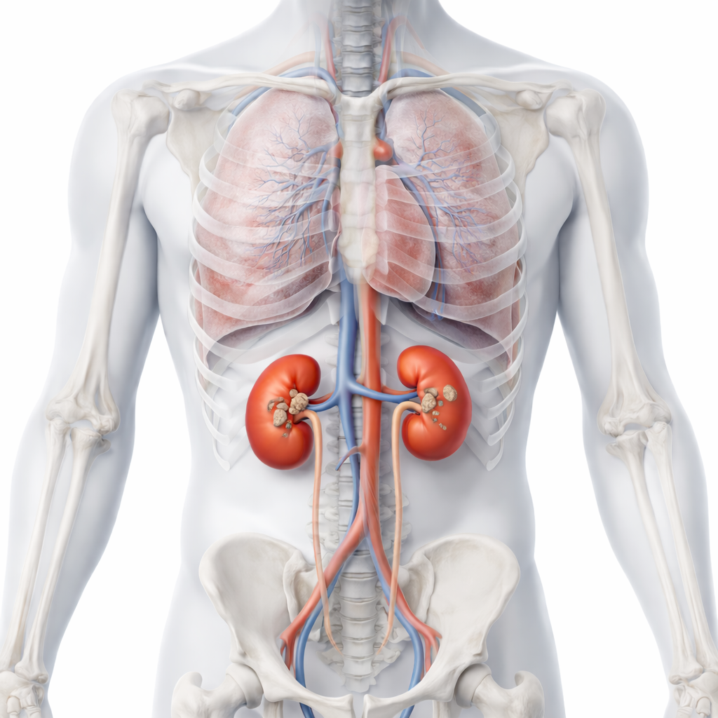 Anatomical illustration showing kidneys with kidney stones